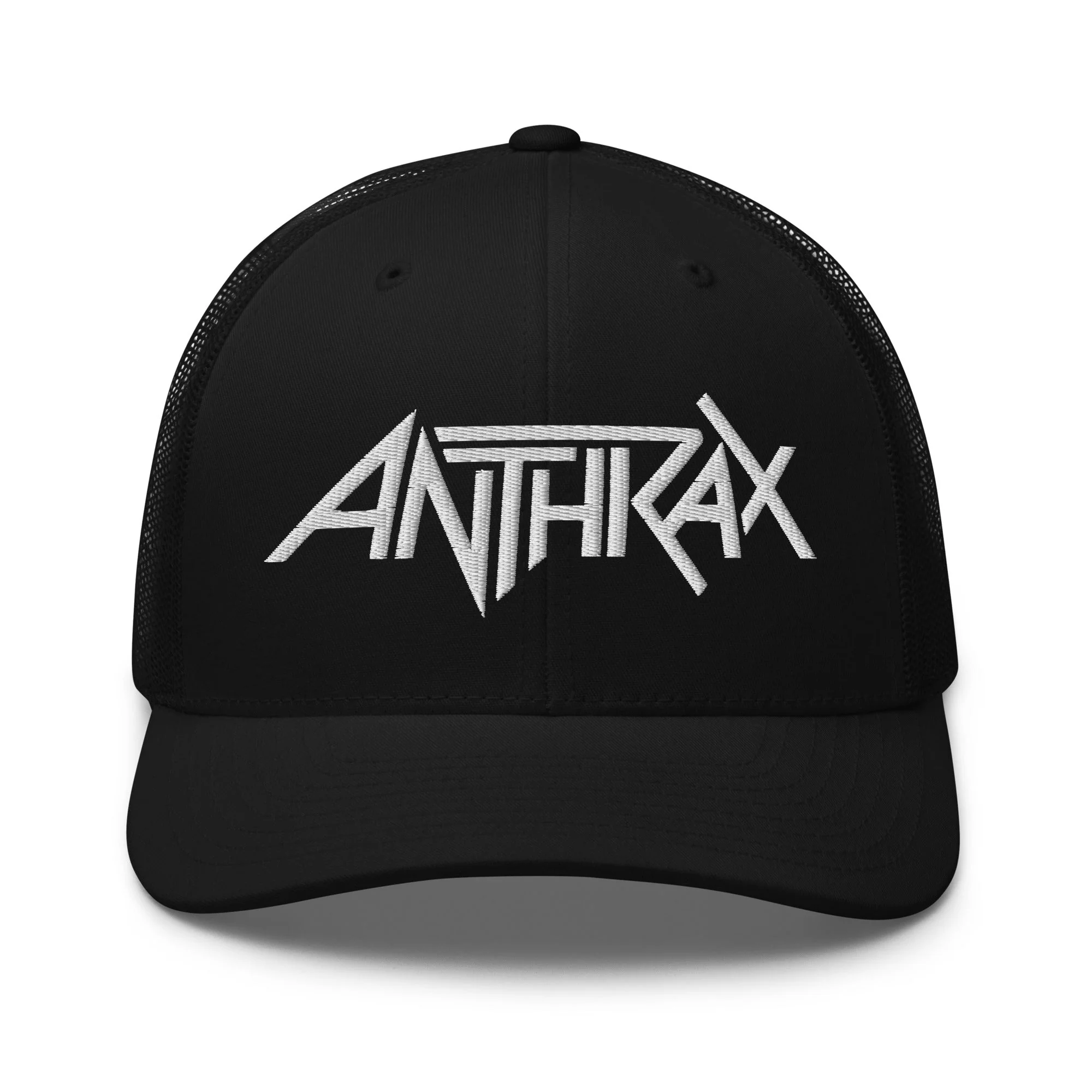 Anthrax - White on Black Trucker HD Embroidered Hat - Image 2