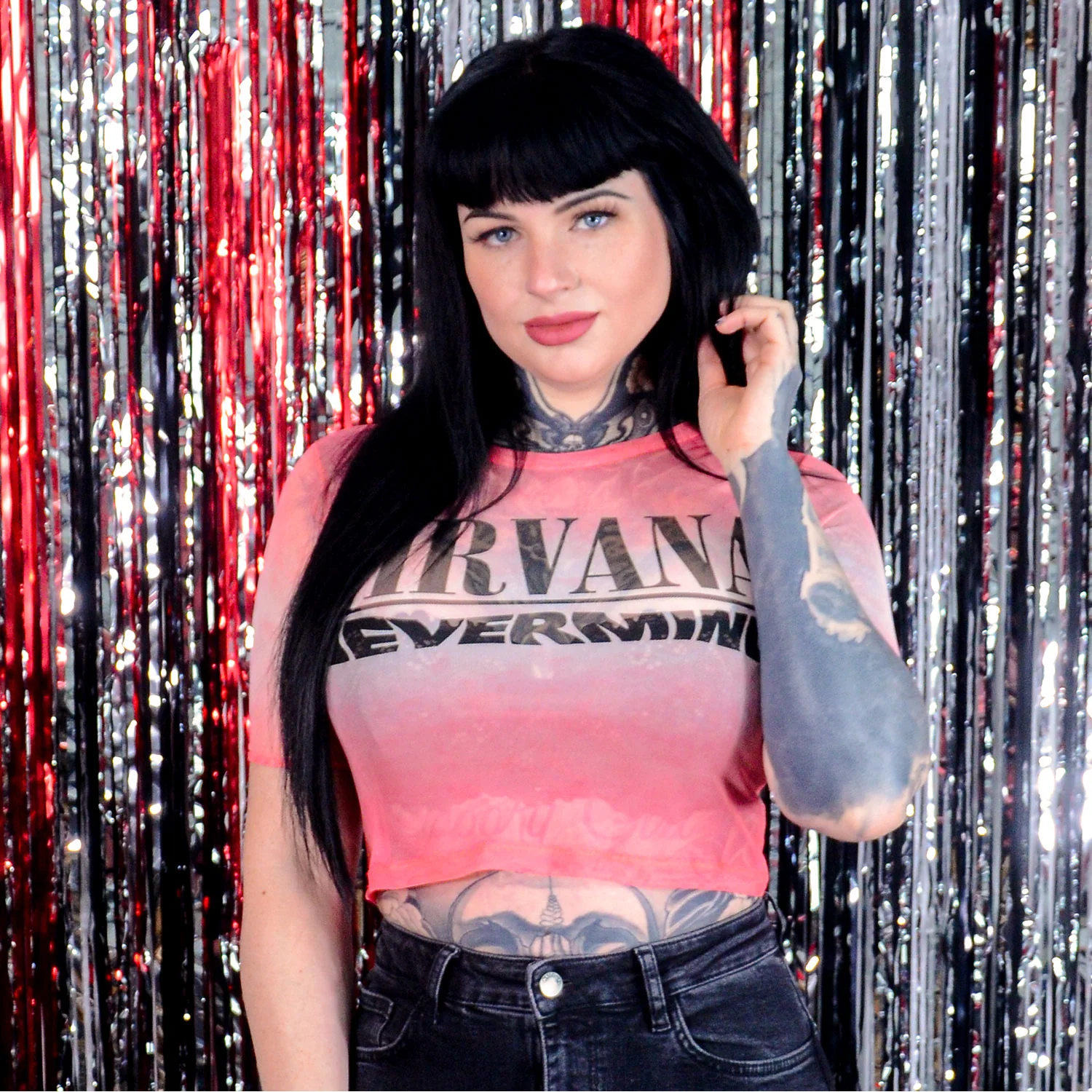 Nevermind Wavy Logo Ladies Mesh Crop Top Junior Top - Image 2