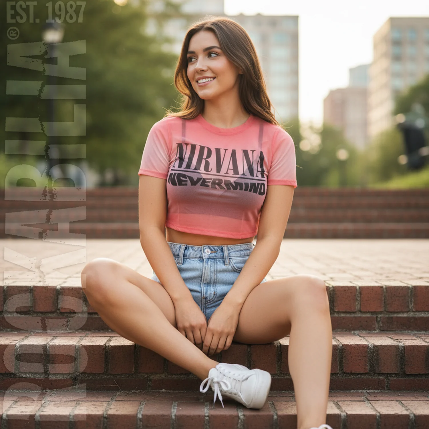 Nevermind Wavy Logo Ladies Mesh Crop Top Junior Top - Image 3