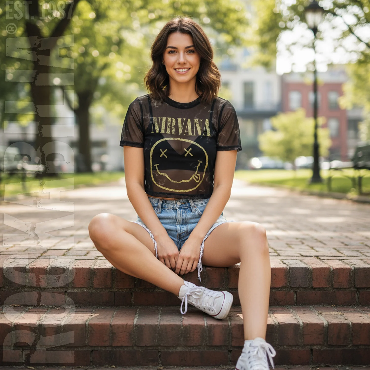 Yellow Happy Face Ladies Mesh Crop Top Junior Top - Image 2